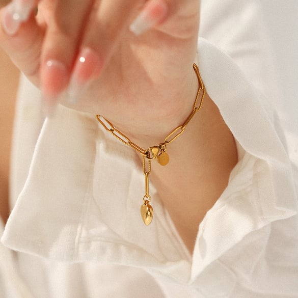 Bracelet chaîne simple en acier inoxydable doré pour femme, 1 pièce, motif cœur 2