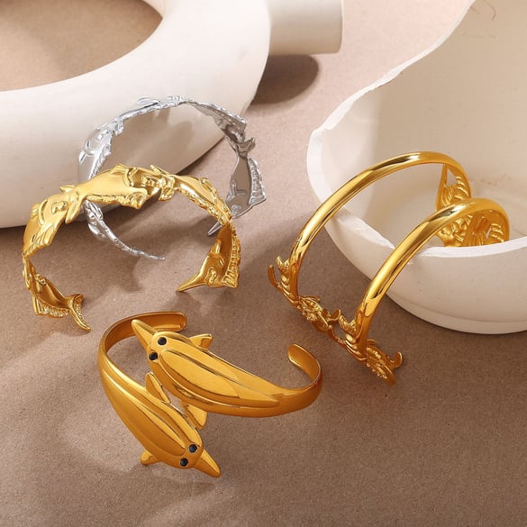 1 Piece Fish Shape Stainless Steel Gold Color Cuff Bracelet 2