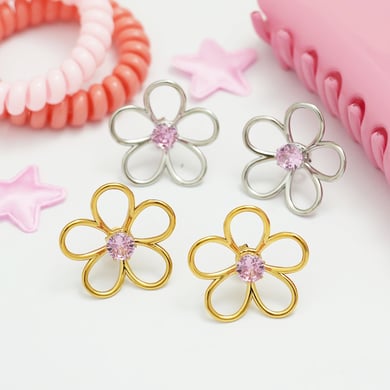 1 Pair Simple Natural Flower Stainless Steel  Gold Color Zircon Statement Rings h5 Picture6