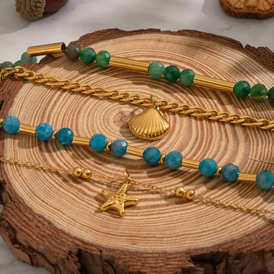 Collier de perles en pierre naturelle couleur or en acier inoxydable, 1 pièce Image3
