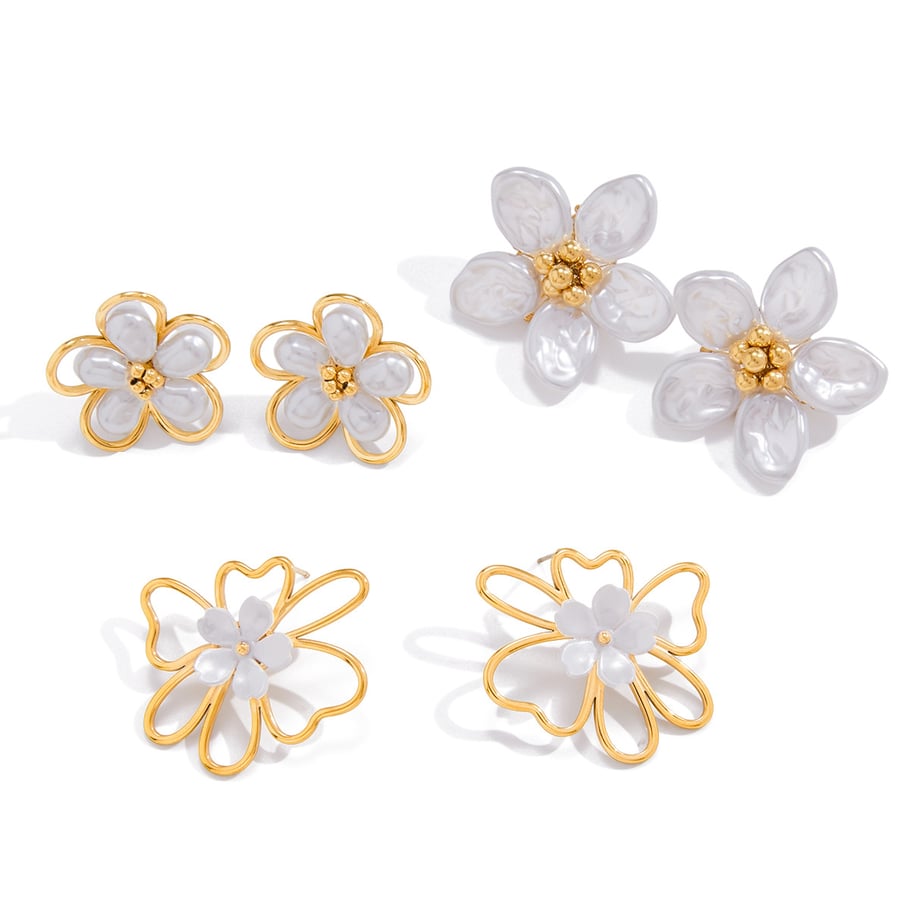 1 paio di eleganti orecchini a bottone da donna in acciaio inossidabile color oro con conchiglia a forma di fiore Immagine4