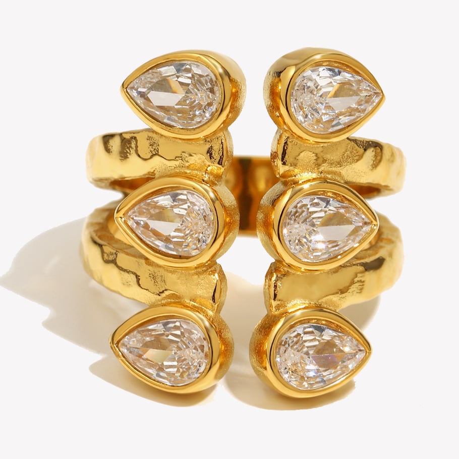 1 pezzo elegante anello da donna con pietre preziose in acciaio inossidabile color oro a doppio strato con zirconi 