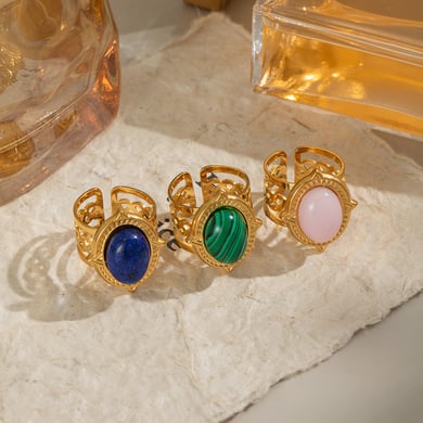 1 Piece Retro Strip Oval Lines Stainless Steel Gold Color Natural Stone Women's Gemstone Rings h5 Picture2