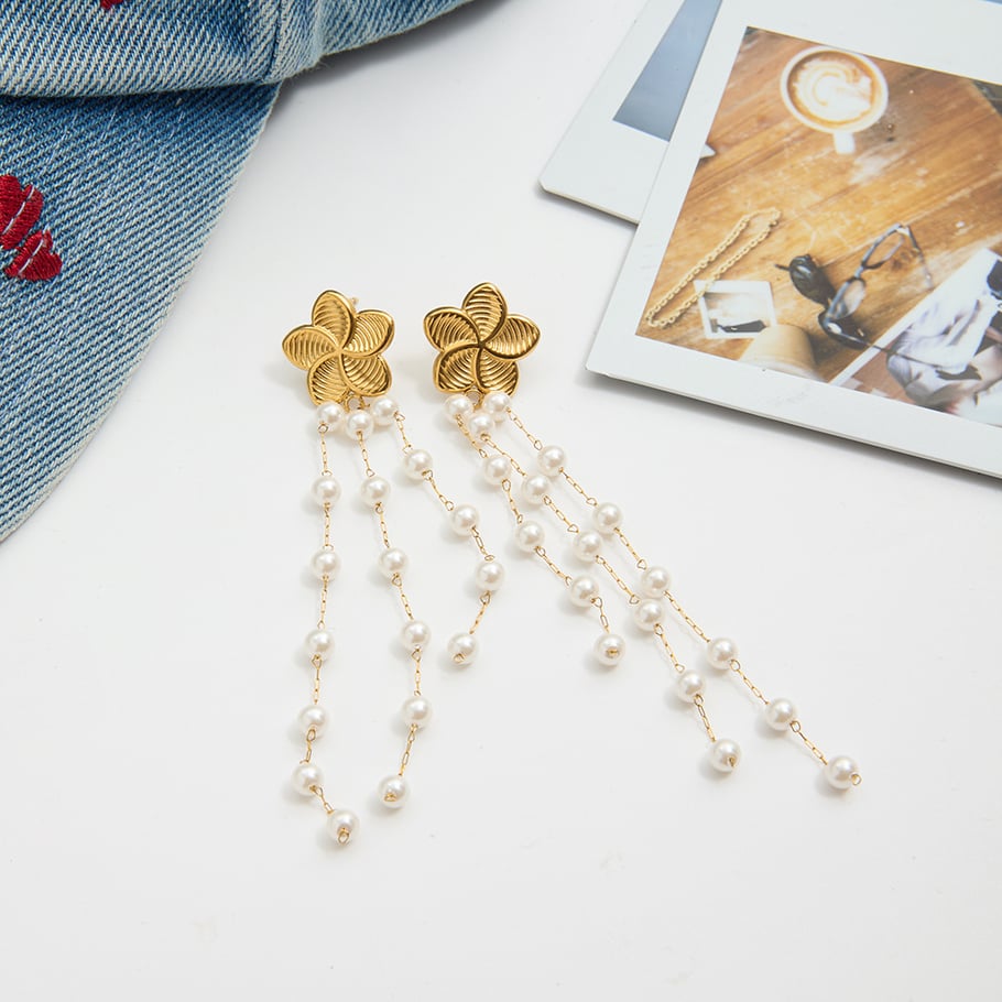 1 Pair Elegant Flower Tassel Stainless Steel Gold Color Women's Drop Earrings Picture7