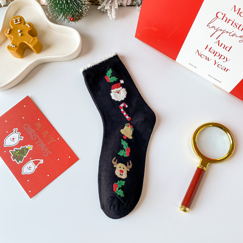 1 paire de chaussettes mi-mollet classiques en coton pour femme, motif Père Noël 
