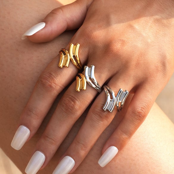 Anillos llamativos de acero inoxidable dorados con forma irregular informal de 1 pieza 2