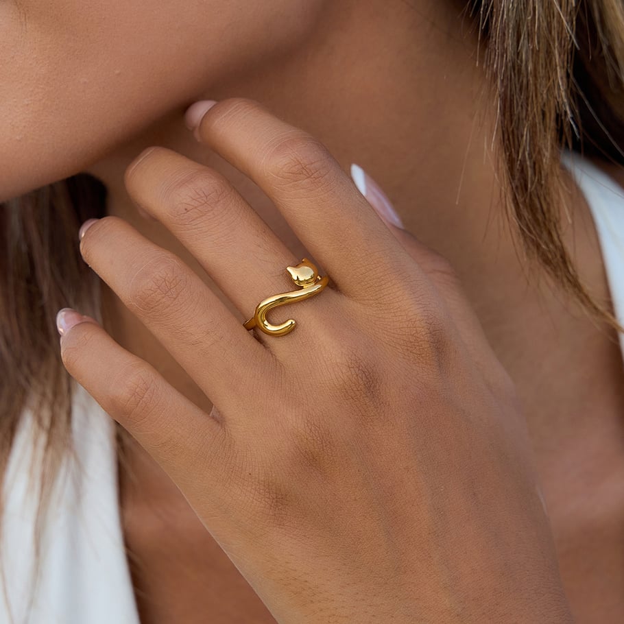 1 Piece Whimsical Dog&Cat Stainless Steel Gold Color Statement Rings Picture2