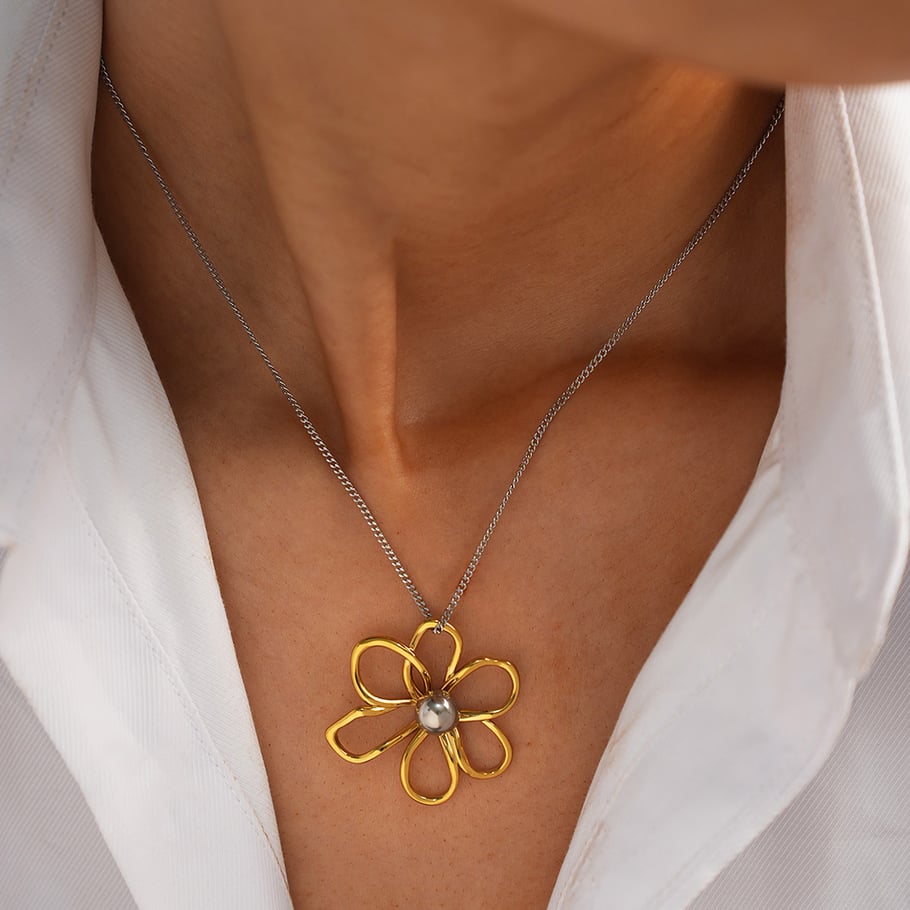 Collier avec pendentif simple en acier inoxydable couleur or pour femme, motif fleur naturelle, 1 pièce Image6