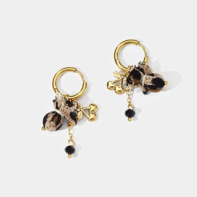 1 Pair Leopard Fabric Cherry Stainless Steel Gold Color Drop Earrings h5 