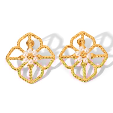 1 Pair Flower Stainless Steel   Gold Color  Pearl Women's Stud Earrings h5 