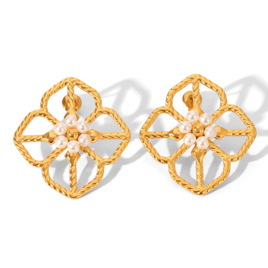 1 Pair Flower Stainless Steel   Gold Color  Pearl Women's Stud Earrings 