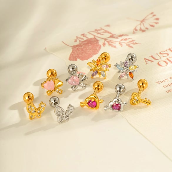 Boucle d&#39;oreille piercing en forme de cœur et de papillon en cuivre et zircon couleur or 2