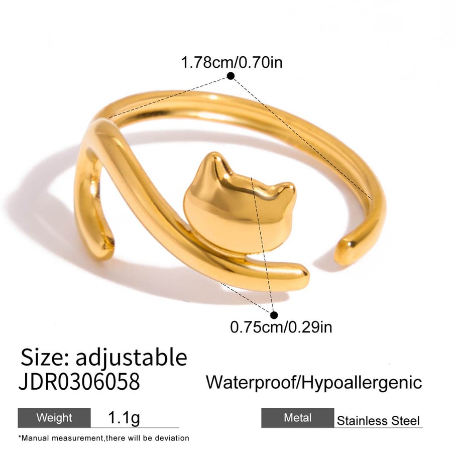 1 Piece Whimsical Dog&Cat Stainless Steel Gold Color Statement Rings 