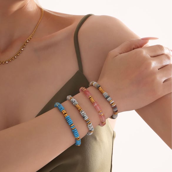 Braccialetti con perline da donna in acciaio inossidabile color oro con perline in pietra naturale retrò da 1 pezzo 2