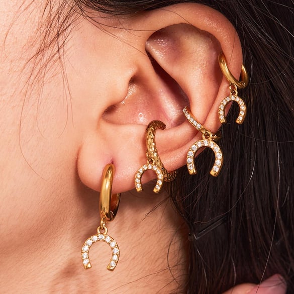 1 Pair Luxurious Horseshoe-shaped Stainless Steel Gold Color Zircon Women's Drop Earrings 2