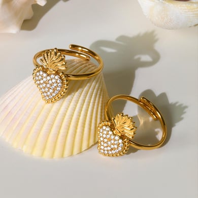 1 pezzo di anelli eleganti in acciaio inossidabile color oro con cuore e stella h5 Immagine5