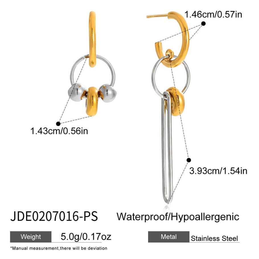 1 paio di orecchini pendenti da donna in acciaio inossidabile, irregolari e minimalisti, con colori misti oro e argento Immagine2