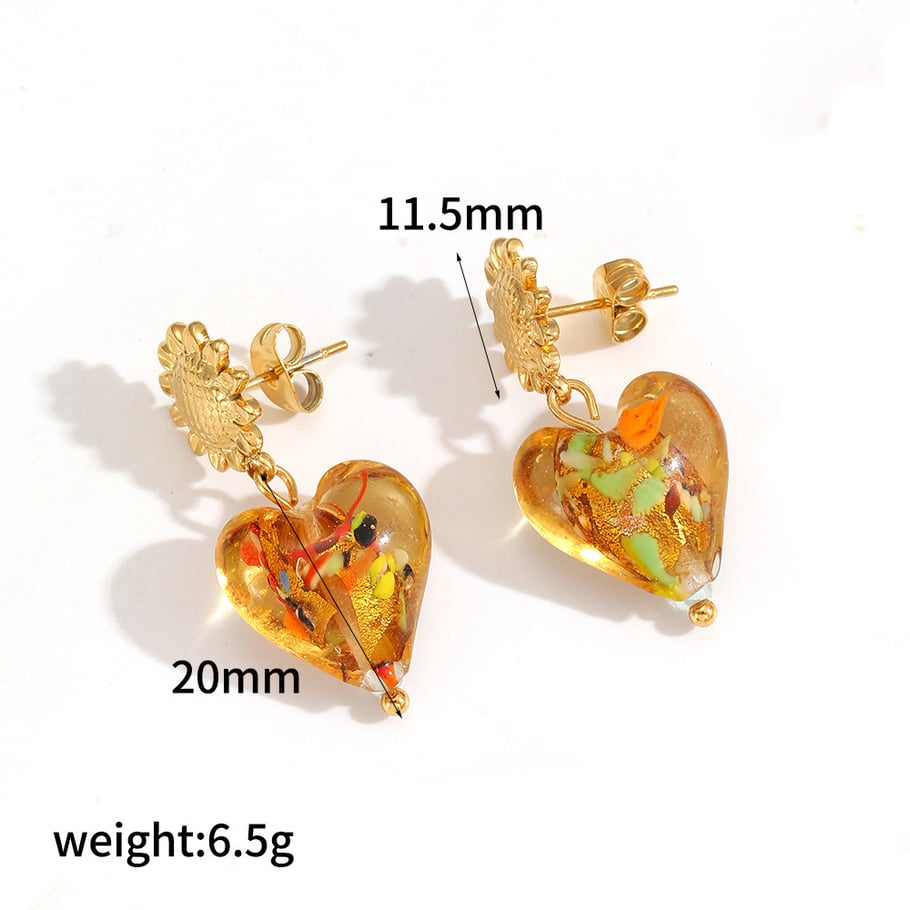 1 Pair Luxurious Glass Heart Stainless Steel Gold Color Women's Drop Earrings 