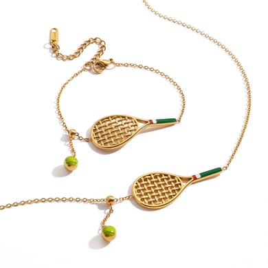 Conjuntos de joyas para mujer de acero inoxidable color dorado con raqueta de tenis deportiva h5 Imagen7