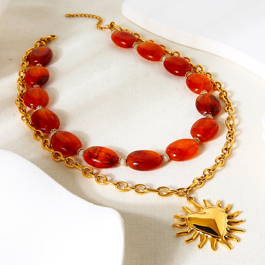Retro Acrylic Beads Heart Charm Gold Color Necklace Set Picture5