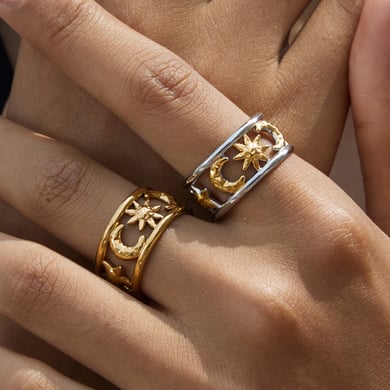 1 Stück schicke Statement-Ringe aus Edelstahl mit Sonne und Mond in Goldfarbe h5 Bild3