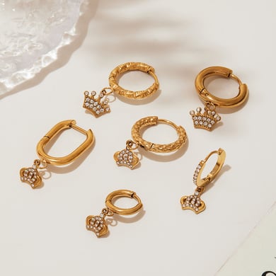 1 Pair Elegant Crown Stainless Steel Gold Color Zircon Women's Drop Earrings h5 Picture2