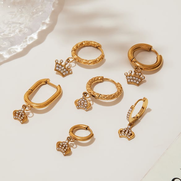 1 Pair Elegant Crown Stainless Steel Gold Color Zircon Women's Drop Earrings