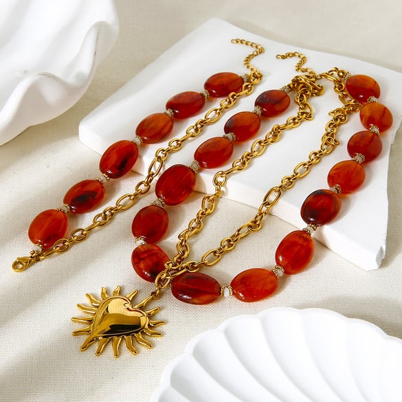 Retro Acryl Perlen Herz Charm Gold Farbe Halskette Set 2