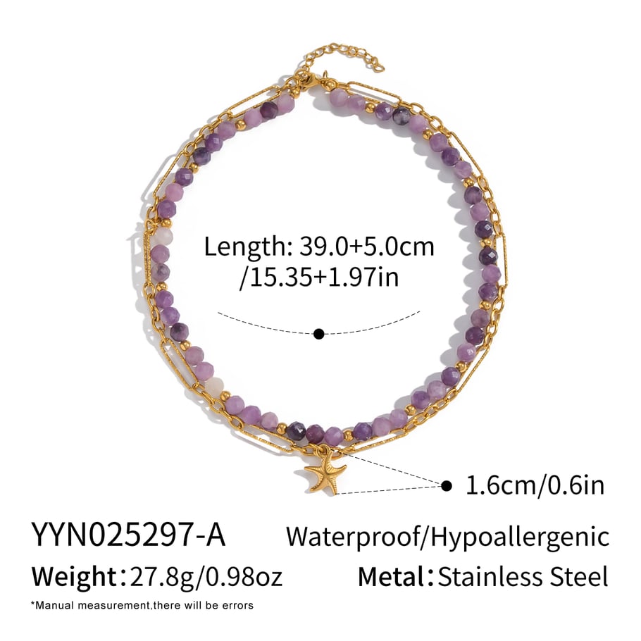 Collier de perles en pierre naturelle couleur or en acier inoxydable, 1 pièce 