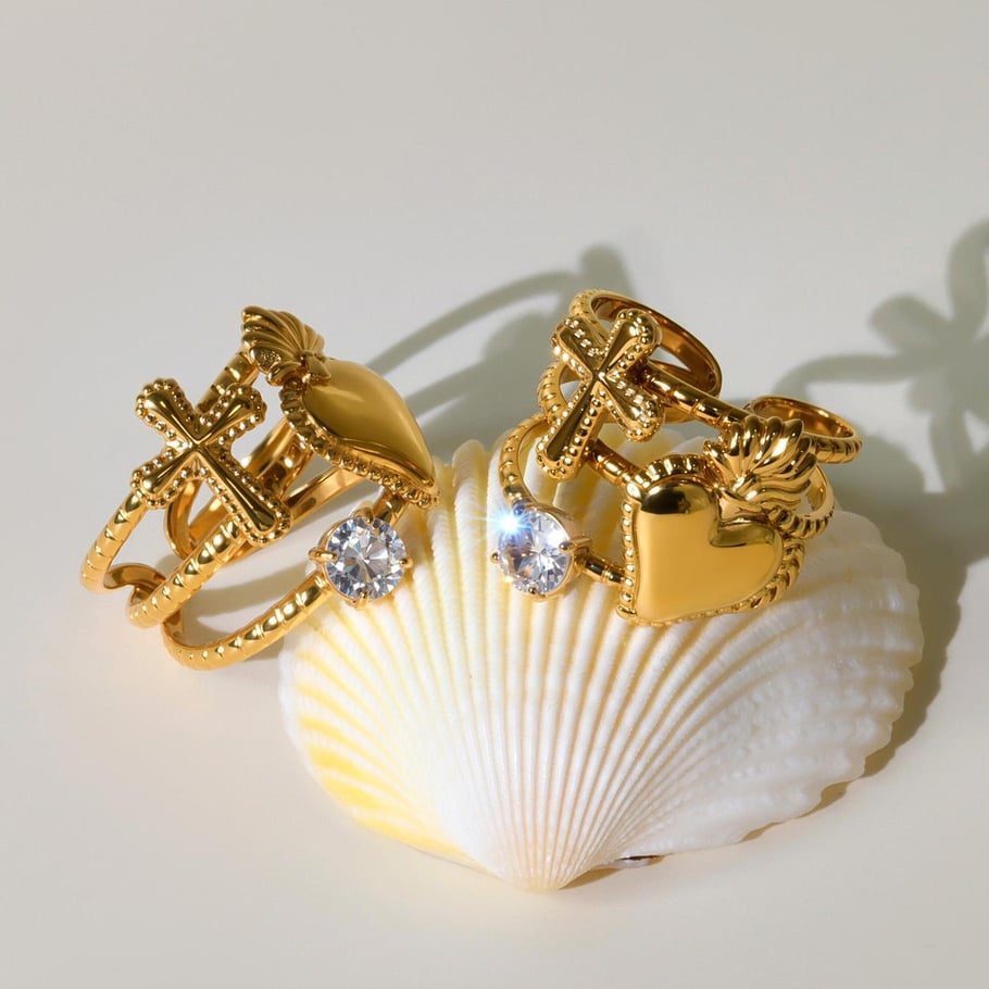 1 pezzo di anelli eleganti in acciaio inossidabile color oro con cuore e stella Immagine6