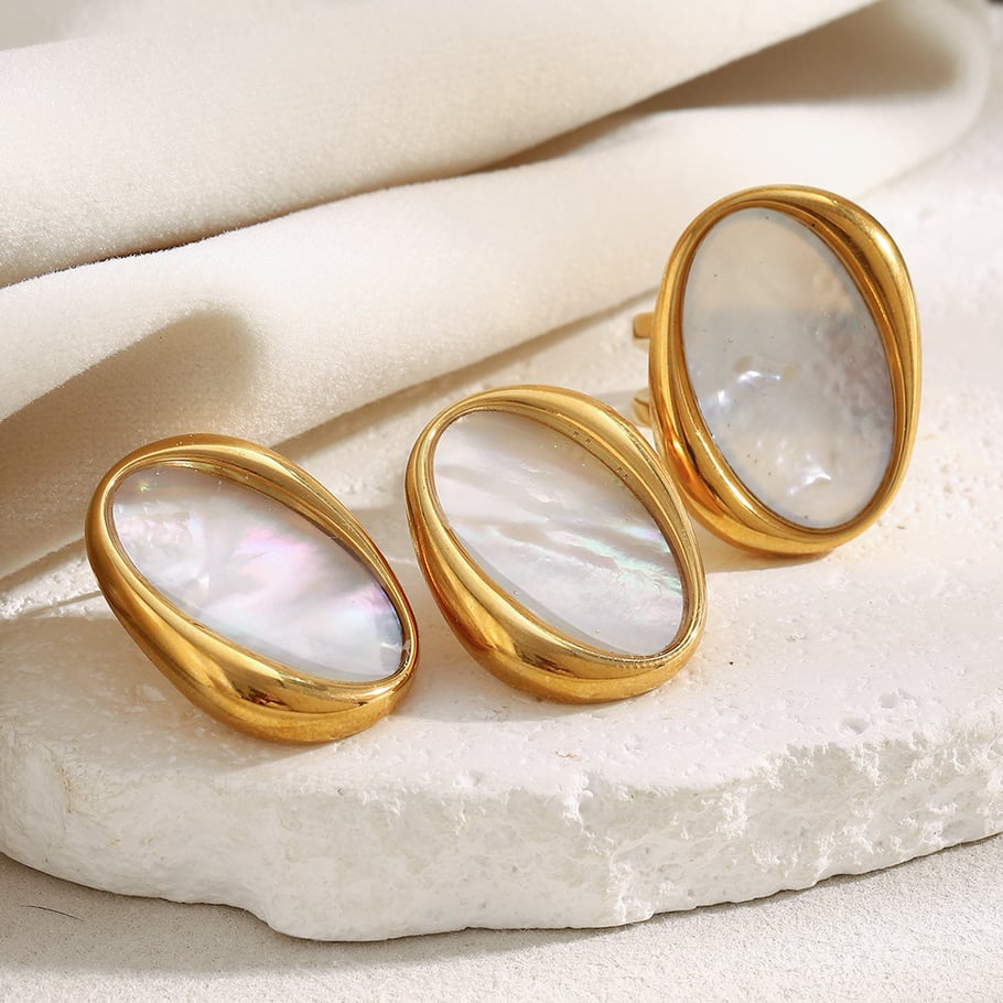 Anillos llamativos de concha de color dorado, de acero inoxidable ovalado retro, de 1 pieza Imagen3