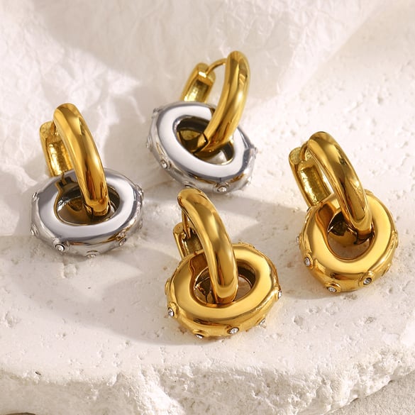 1 Pair Daily Circle Stainless Steel Gold Color Zircon Women's Drop Earrings