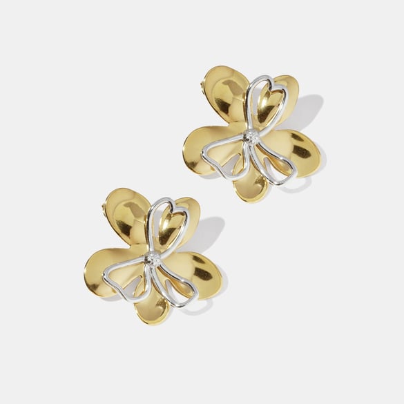 1 paar oorbellen van roestvrij staal met gemengde gouden en zilveren bloemenprint voor dames 2