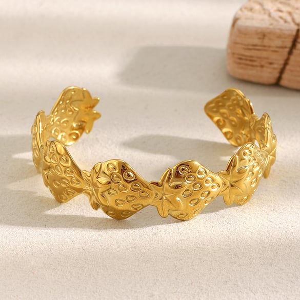 Bracelet manchette pour femme en acier inoxydable couleur or, motif fraise sucrée, 1 pièce 2