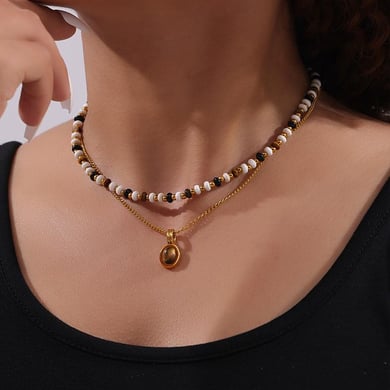 1 pezzo classico ovale in pietra naturale in acciaio inossidabile color oro, collane con perline da donna h5 Immagine7