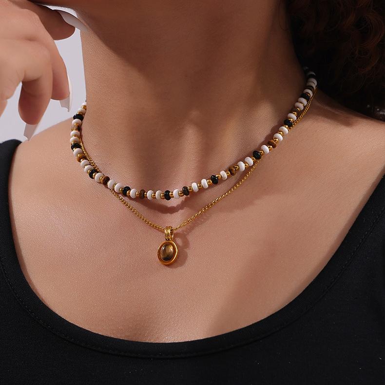1 pezzo classico ovale in pietra naturale in acciaio inossidabile color oro, collane con perline da donna Immagine7