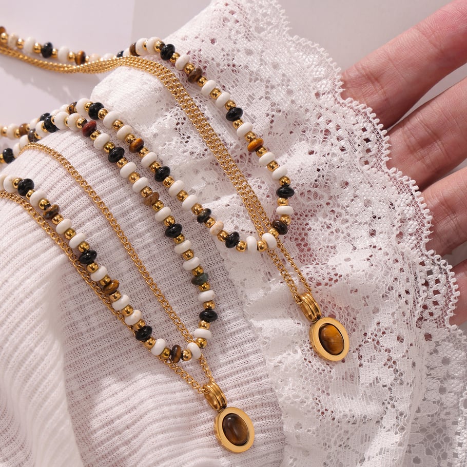 1 pezzo classico ovale in pietra naturale in acciaio inossidabile color oro, collane con perline da donna Immagine4