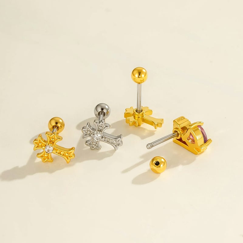 1 stuk hart kruis koper goud kleur zirkoon piercing oorbel Afbeelding3