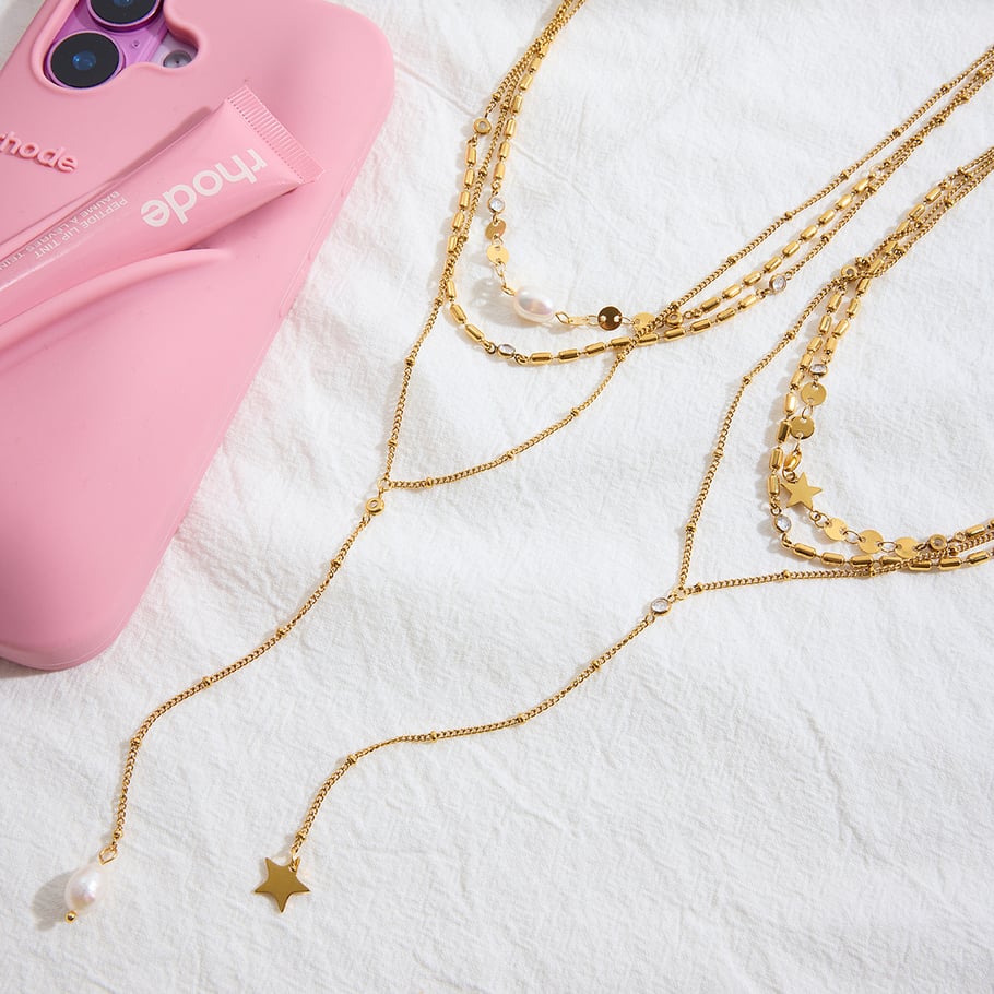1 pezzo elegante collana a strati da donna in acciaio inossidabile con zirconi color oro e stella Immagine6