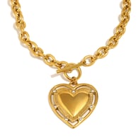 Large O-shaped chain OT buckle big heart necklace - gold 