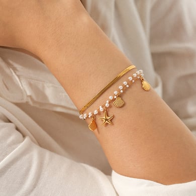 1 set eenvoudige, dagelijkse, roestvrijstalen, goudkleurige damesarmbanden met kralen h5 Afbeelding4