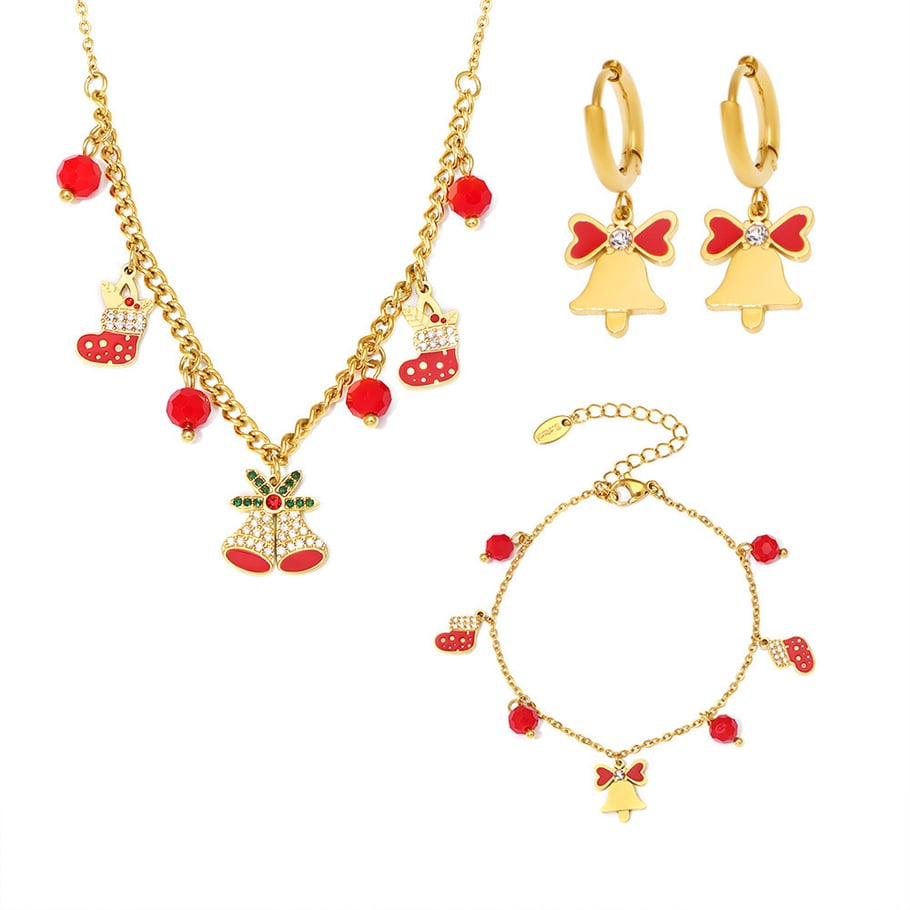 Set di gioielli da donna con campanellino natalizio in acciaio inossidabile color oro e zirconi Immagine2