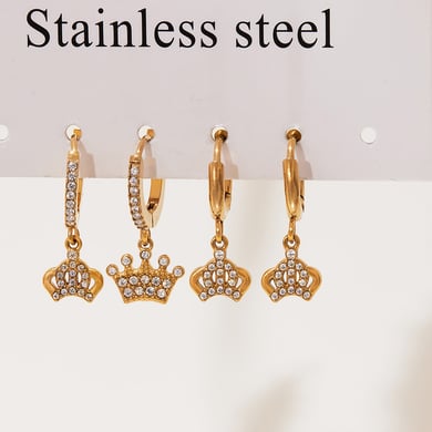1 Pair Elegant Crown Stainless Steel Gold Color Zircon Women's Drop Earrings h5 Picture5