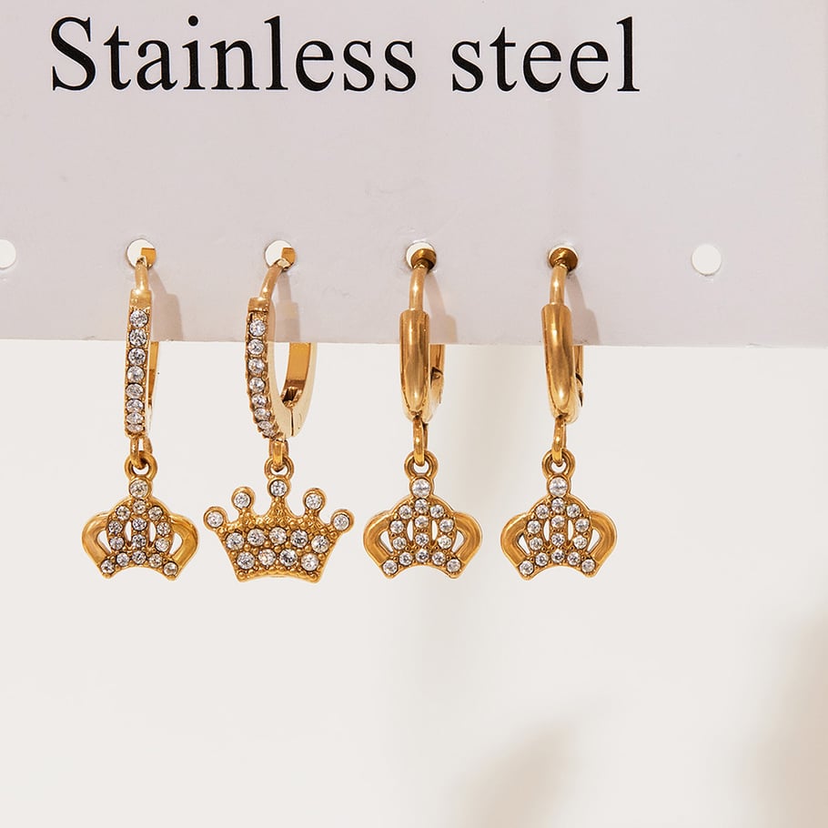 1 Pair Elegant Crown Stainless Steel Gold Color Zircon Women's Drop Earrings Picture5