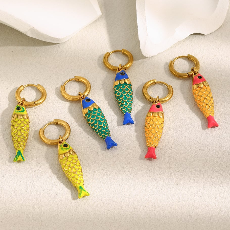 1 Pair Vivid Fish Stainless Steel Gold Color Women's Drop Earrings Picture4