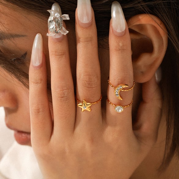 Luxe, gelaagde Star Moon-ringen van roestvrij staal met zirkonia voor dames