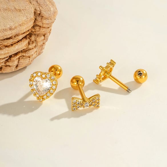 1 Piece Heart Bow Knot Copper Gold Color Zircon Piercing Earring