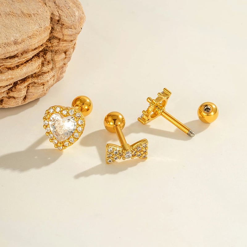 1 Piece Heart Bow Knot Copper Gold Color Zircon Piercing Earring h5Picture3