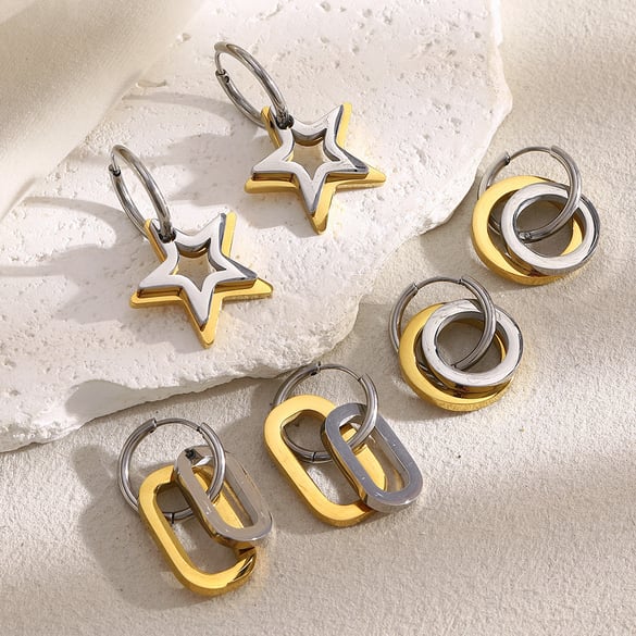 1 paar Casual Star Mixed Gold Color en Silver Color roestvrijstalen damesoorbellen 2