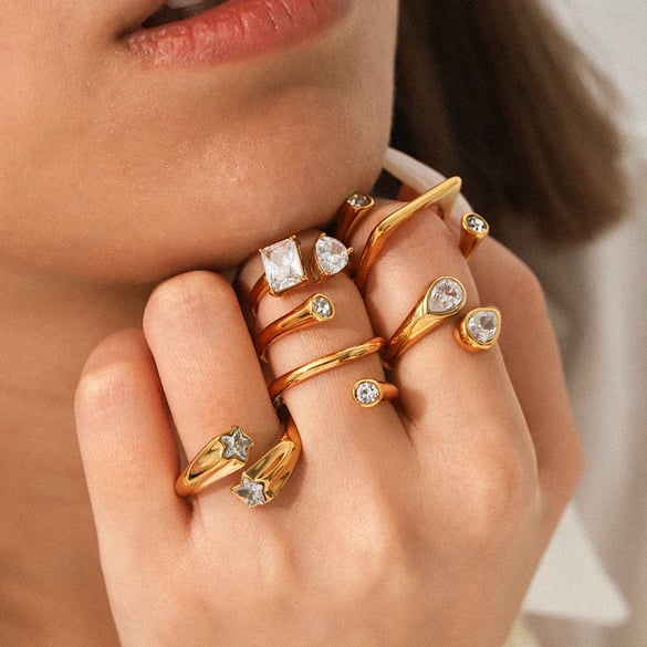 1 Piece Irregular Shape Stainless Steel Gold Color Zircon Gemstone Ring 2